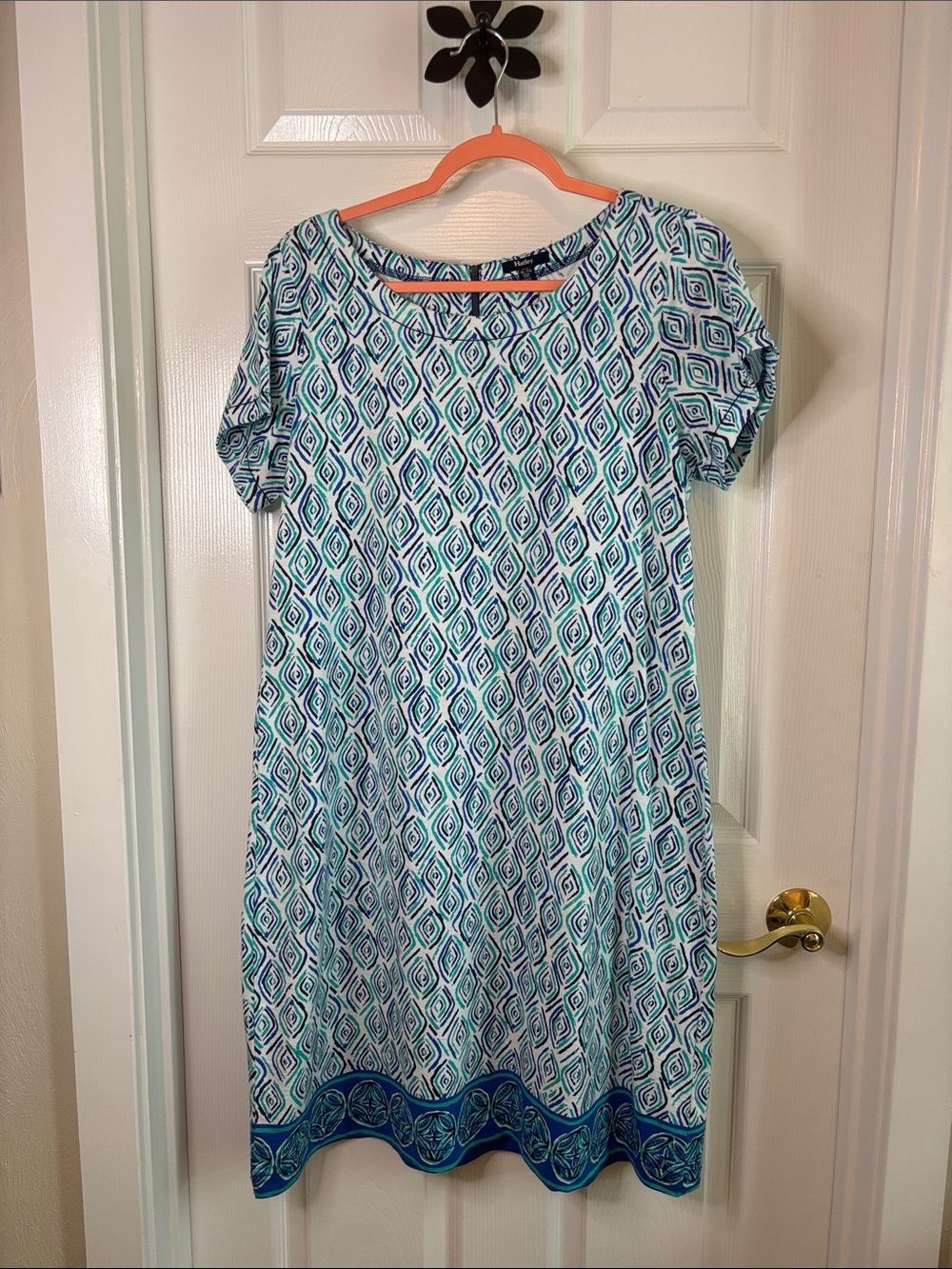 Hatley Blue and Teal Diamond-Print Short Sleeve Shift Dress Size XL